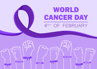 World Cancer Day Concept. Lavender ribbon, hands clenched in fist and raised up.