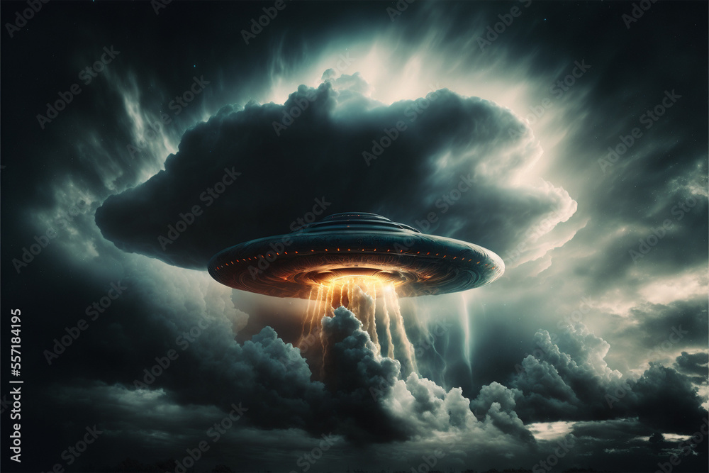Wall mural ufo among large clouds in the sky with generative ai