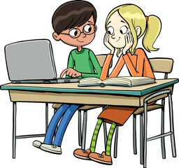 boy shows an assignment on a laptop to a girl sitting with him on a school bench