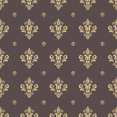 Seamless brown and golden pattern. Modern geometric ornament with golden royal lilies. Classic vintage background