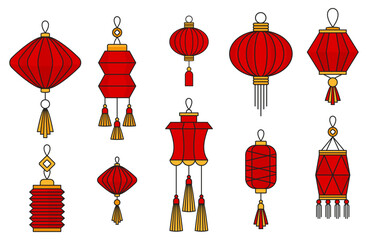 Chinese red lantern set. Hanging paper lamps. Chinese New Year.