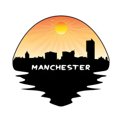 Manchester England Skyline Silhouette Retro Vintage Sunset Manchester Lover Travel Souvenir Sticker Vector Illustration SVG EPS