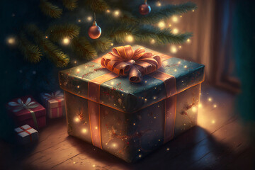 Wrapped gift box under the Christmas tree. Magical evening illustration. 