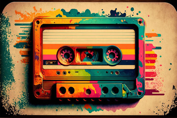 Illustration of a retro and colorful music cassette. 