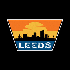 Leeds England Skyline Silhouette Retro Vintage Sunset Leeds Lover Travel Souvenir Sticker Vector Illustration SVG EPS