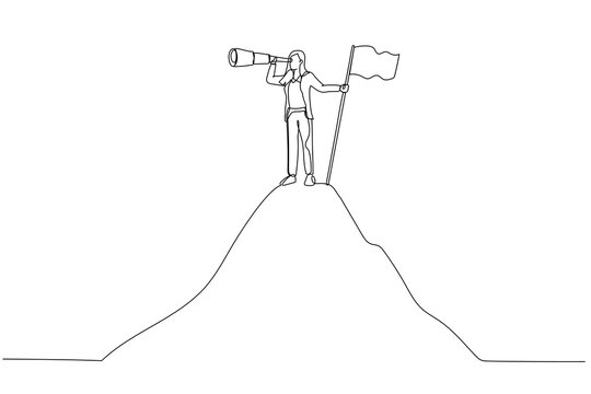 Cartoon of success businesswoman hold spyglass stand beside flag on mountain concept of opportunity. Continuous line art style