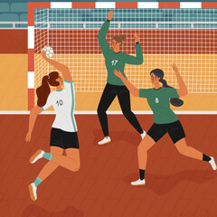 Female handball player jumps in attack and throwing ball. Women's handball athletes playing sport tournament game. Professional sport