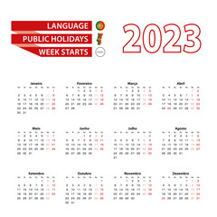 Calendar 2023 in Portuguese language with public holidays the country of Portugal in year 2023.