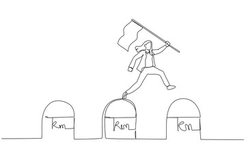 Cartoon of businesswoman holding success flag jumping on milestones reaching target concept of milestone. Continuous line art