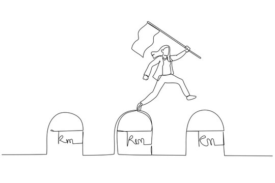 Cartoon of businesswoman holding success flag jumping on milestones reaching target concept of milestone. Continuous line art