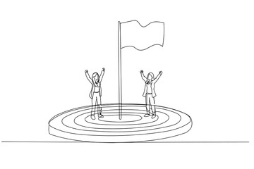 Cartoon of businesswoman flagpole flagstaff target aim field concept of achievement. Continuous line art