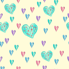 seamless pattern of crayon colorfull hearts on yellow background, hand drawn scattered hearts