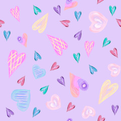 seamless pattern of scattered colorfull hearts on lavender background, childish drawing by crayons