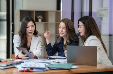 Young business team working with business report document on office desk. Brainstorming Business People Design Planning, Brainstorming Planning Partnership.