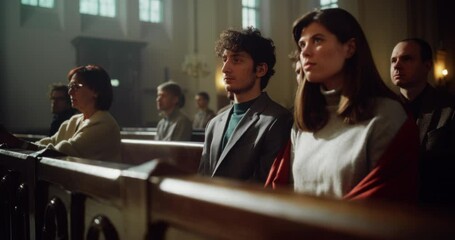 Group Of Faithful Parishioners In Grand Old Church Listening to Sermon. Congregation of Christians Seeking Comfort In Faith And Religious Beliefs. Sitting Piously, Praying, Seeking Guidance from God