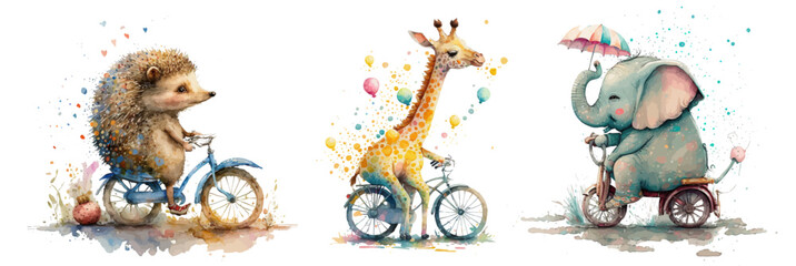 Safari Animal set hedgehog, giraffe and elephant on bikes in watercolor style. Isolated vector illustration - obrazy, fototapety, plakaty