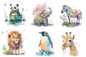 Fototapety  Safari Animal set penguin, elephant, panda, giraffe, zebra, lion in watercolor style. Isolated vector illustration