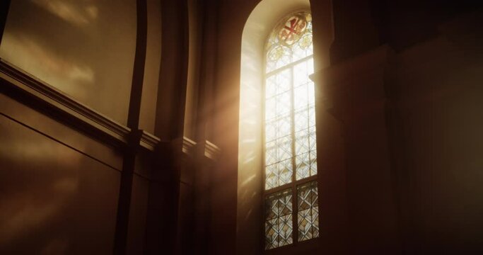 The Sun's Rays Streaming Through Stained Glass Windows of The Cathedral, Blessing The Church With A Heavenly Light that Enters House Of The Lord. A Reminder Of God's Love And Grace. Cinematic Concept 