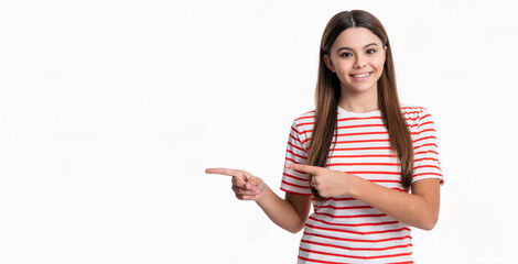 teen style of pretty girl pointing on copy space. teen girl style isolated on white background.