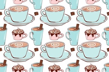 Obraz premium Seamless pattern with sweets, cupcake and donut. Food background, hand drawing illustration