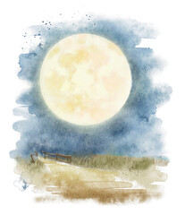 Watercolor fantasy full big moon and night landscape isolated on white background. Hand drawn illustration sketch
