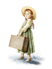 Watercolor fantasy imaginary character red haired girl in green dress stand and holding vintage suitcase in her hands isolated on white background. Hand drawn illustration sketch