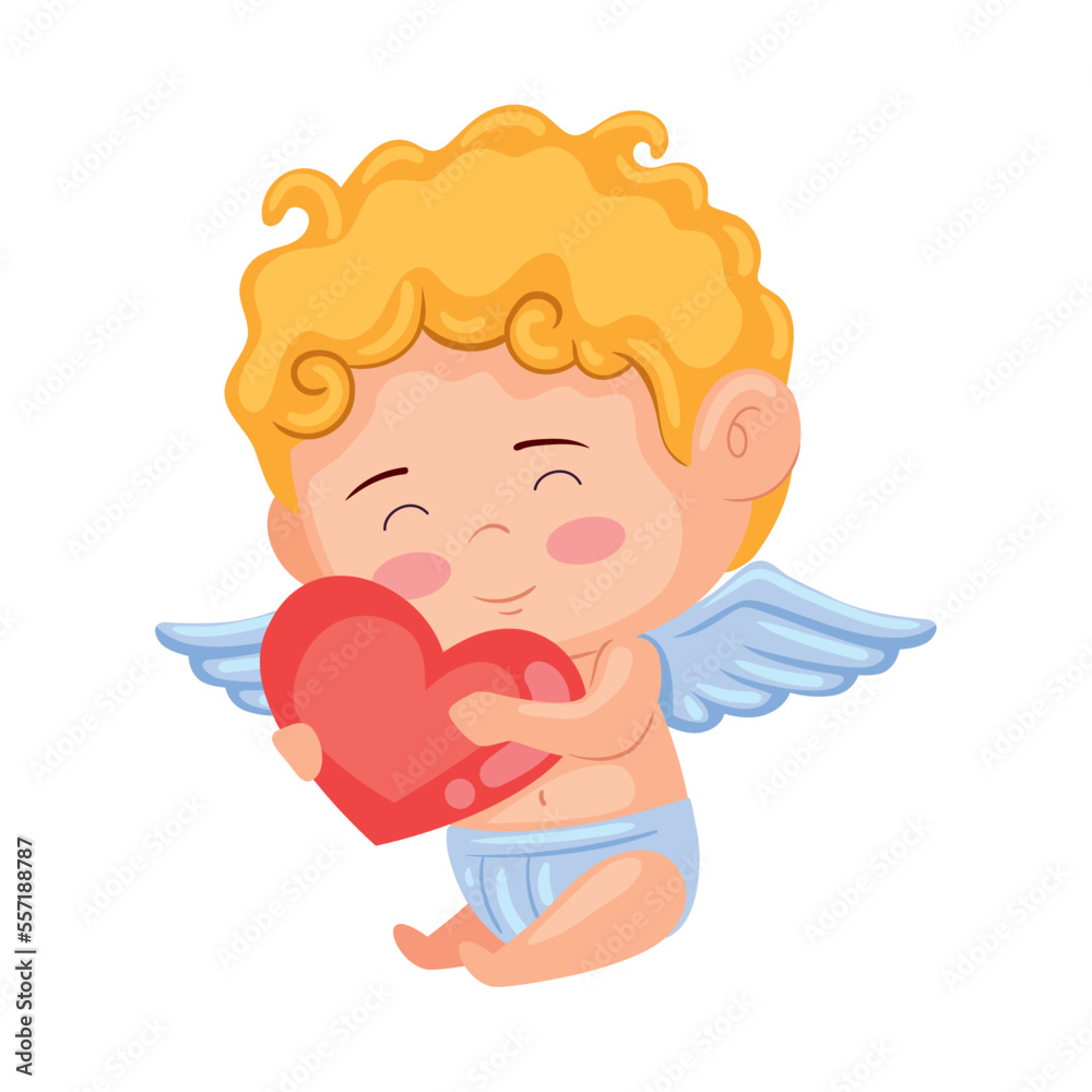 Sticker cupid angel hugging heart