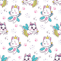 Seamless pattern with cute fairy cats with a magic wand flying and dancing decoration for children's products.