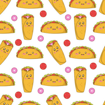 Seamless pattern with mexican burritos and tacos with funny faces in doodle cartoon style isolated on white background