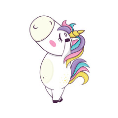 Cute kawaii unicorn with rainbow mane and horn in anime style is dancing