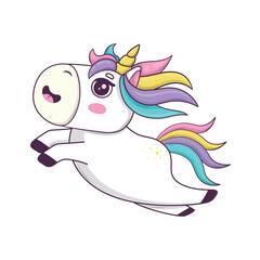 Cute kawaii unicorn with rainbow mane and horn anime style jump and fly