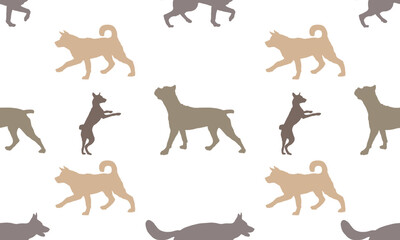 Dogs different colors isolated on a white background. Seamless pattern. Endless texture. Design for fabric, decor, wallpaper, wrapping paper, surface design. Vector illustration.