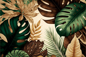 Vintage tropical green brown leaves, beige background, golden texture. Luxury mural, premium wallpaper. 3d painting illustration, watercolor design. Seamless border. Stylish cloth, paper, packaging