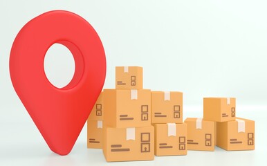 Cargo delivery, logistics and distribution concept. Cardboard boxes with location pointer showing the destination. Online order tracking concept. Minimal composition. 3D Rendering.
