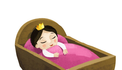 cartoon infant baby in wooden cradle illustration