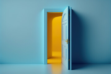 yellow light inside the open door isolated on blue background. Room interior design element. Modern minimal concept. Opportunity metaphor. Generative AI