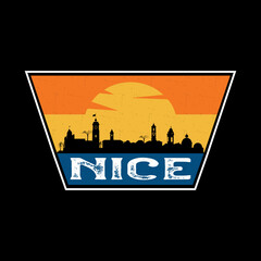 Nice France Skyline Silhouette Retro Vintage Sunset Nice Lover Travel Souvenir Sticker Vector Illustration SVG EPS