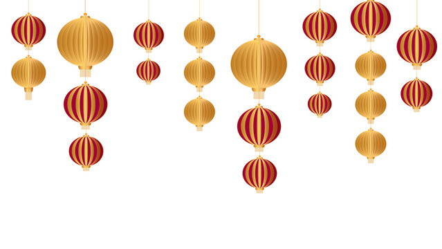 Red and gold chinese lanterns on White transparent background. Chinese lantern happiness festival 