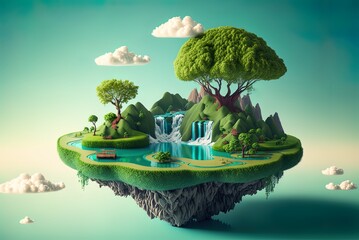 Surreal float landscape with waterfall paradise idea on blue sky cloud floating island in a dream river flowing over lush green grass and past towering trees. Generative AI - obrazy, fototapety, plakaty
