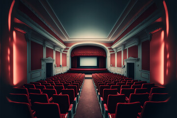 Empty movie theater with red seats. Generative AI