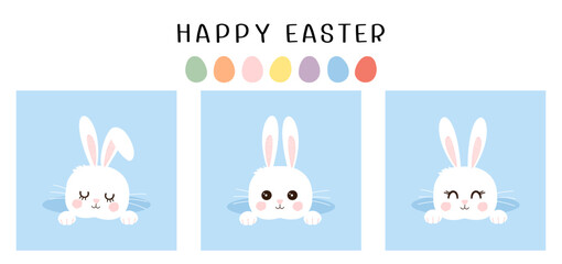 Happy Easter wallpaper with cute rabbit in hole and eggs isolated on white background vector illustration