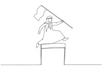 Fototapeta na wymiar Drawing of arab man competing in race holding a leader flag jumping over obstacle concept of determination. Continuous line art style