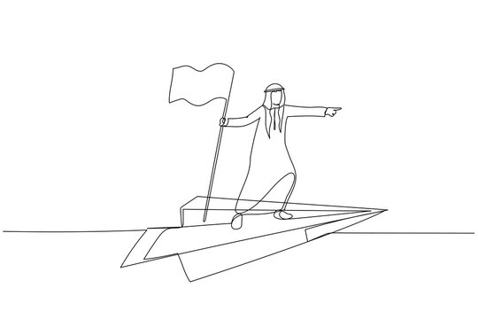 Cartoon of arab man flying with paper plane concept of discovery. Single continuous line art style