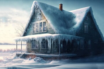 illustration of house cover with ice and snow, window with icicle, extreme weather, dangerous freezing blizzard in winter time - obrazy, fototapety, plakaty