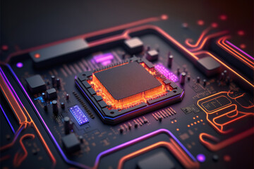 Fototapeta na wymiar printed circuit board with processor and glowing lights, futuristic server motherboard, generative ai