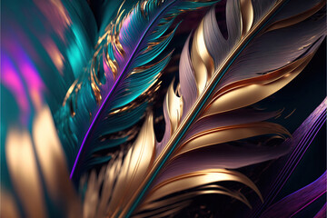 iridescent colorful gold colors feathers background as beautiful abstract illustration, generative ai	
