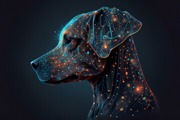 Neural network of a dog brain with big data and artificial intelligence circuit board in the head of a blue canine, outlining concepts of a digital brain, computer Generative AI stock illustration