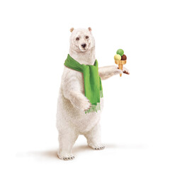 ours blanc, écharpe vert, glace à la main, neige, trois boules, dessert, fraicheur, glacé, frais, montrant, faune, illustration, arctique, blanc, glace, animal, nature