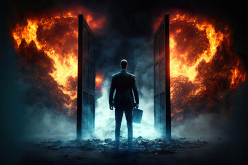 a politician or a business man standing at the gates of hell awaiting the eternal suffering he deserves, fire and flames and smoke in the background, generative ai - obrazy, fototapety, plakaty