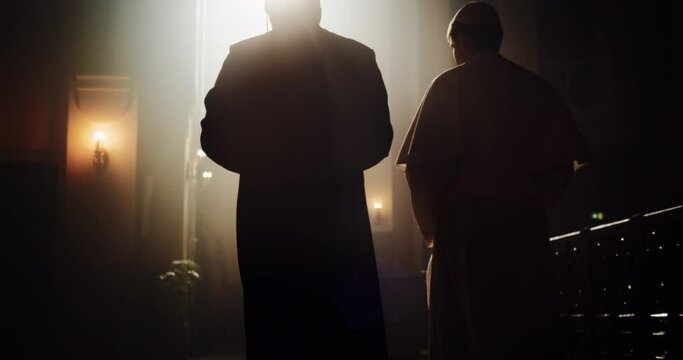 In The Church, A Priest And Pope Share A Conversation Of Faith, Reverence, And Hope, Connecting With Power Of Christianity, Discussing Gospels and Teachings of Jesus Christ and Holy Book
